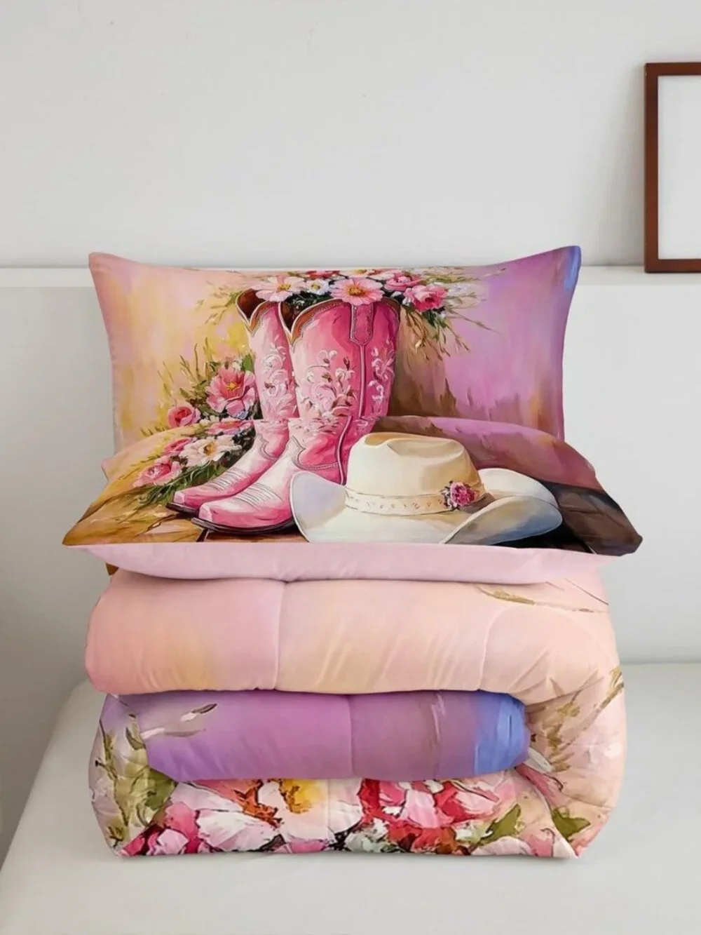 Western Cowgirl Twin Comforter Set for Girls Kids,Pink Cowgirl Boot Hat Bedding